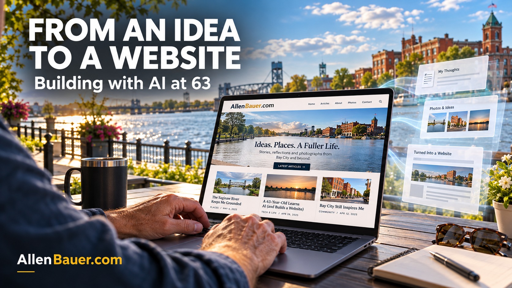 Supplied artwork of building AllenBauer.com on a laptop beside a bright Bay City riverfront, with the words From an idea to a website: Building with AI at 63
